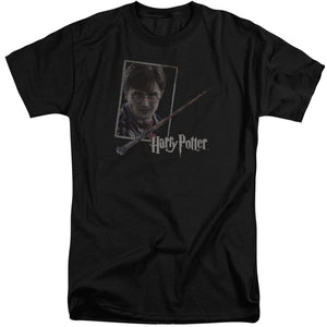 AN OFFCIALLY LICENSED HARRY POTTER HARRYS WAND PORTRAIT MEN'S TALL FIT T-SHIRT BLACK