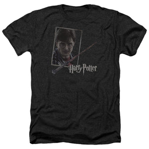 AN OFFCIALLY LICENSED HARRY POTTER HARRYS WAND PORTRAIT MEN'S HEATHER T-SHIRT CHARCOAL