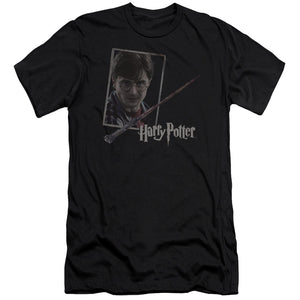 AN OFFCIALLY LICENSED HARRY POTTER HARRYS WAND PORTRAIT MEN'S PREMIUM SLIM FIT T-SHIRT BLACK