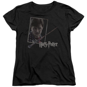 AN OFFCIALLY LICENSED HARRY POTTER HARRYS WAND PORTRAIT WOMEN'S REGULAR FIT T-SHIRT BLACK