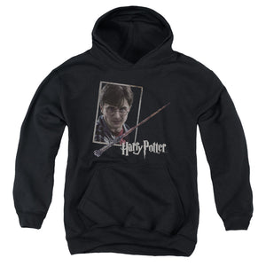 AN OFFCIALLY LICENSED HARRY POTTER HARRYS WAND PORTRAIT YOUTH HOODIE BLACK