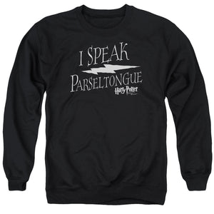 AN OFFCIALLY LICENSED HARRY POTTER I SPEAK PARSELTONGUE ADULT UNISEX CREWNECK SWEATSHIRT BLACK