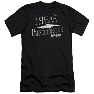 AN OFFCIALLY LICENSED HARRY POTTER I SPEAK PARSELTONGUE MEN'S PREMIUM SLIM FIT T-SHIRT BLACK