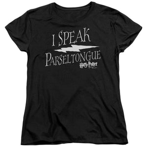 AN OFFCIALLY LICENSED HARRY POTTER I SPEAK PARSELTONGUE WOMEN'S REGULAR FIT T-SHIRT BLACK