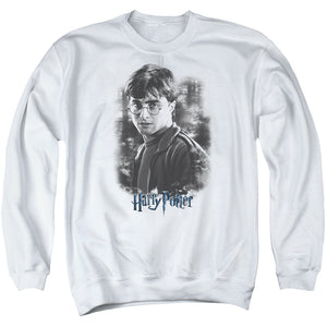 AN OFFCIALLY LICENSED HARRY POTTER HARRY IN THE WOODS ADULT UNISEX CREWNECK SWEATSHIRT WHITE