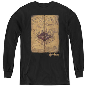 AN OFFCIALLY LICENSED HARRY POTTER MARAUDERS MAP YOUTH LONG SLEEVE T-SHIRT BLACK