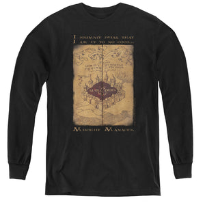 AN OFFCIALLY LICENSED HARRY POTTER MARAUDERS MAP WORDS YOUTH LONG SLEEVE T-SHIRT BLACK