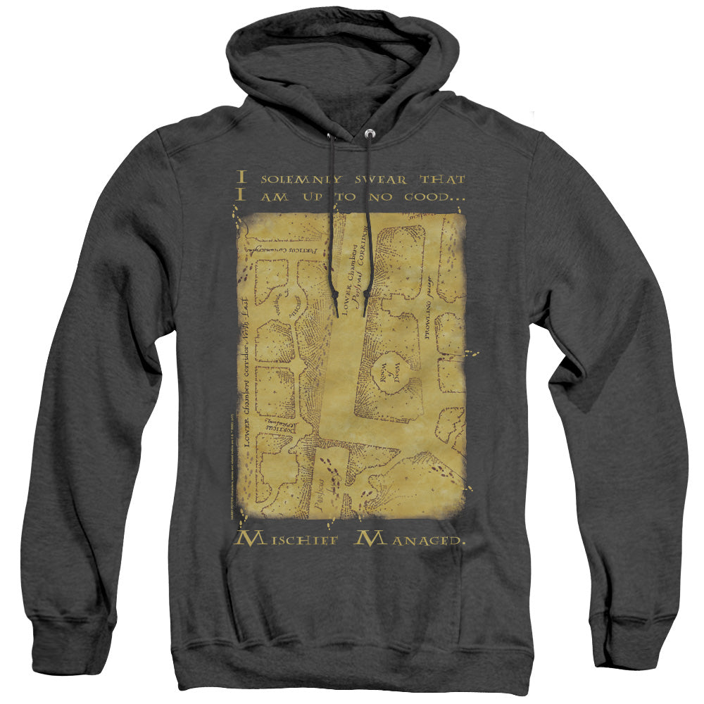 AN OFFCIALLY LICENSED HARRY POTTER MARAUDERS MAP INTERIOR WORDS ADULT UNISEX HEATHER PULLOVER HOODIE BLACK