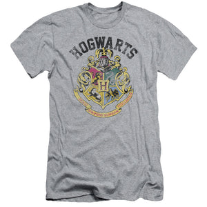 AN OFFCIALLY LICENSED HARRY POTTER HOGWARTS CREST MEN'S PREMIUM SLIM FIT T-SHIRT ATHLETIC HEATHER