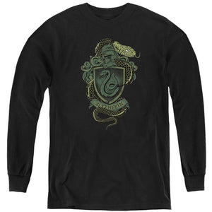 AN OFFCIALLY LICENSED HARRY POTTER SLYTHERIN SNAKE CREST YOUTH LONG SLEEVE T-SHIRT BLACK