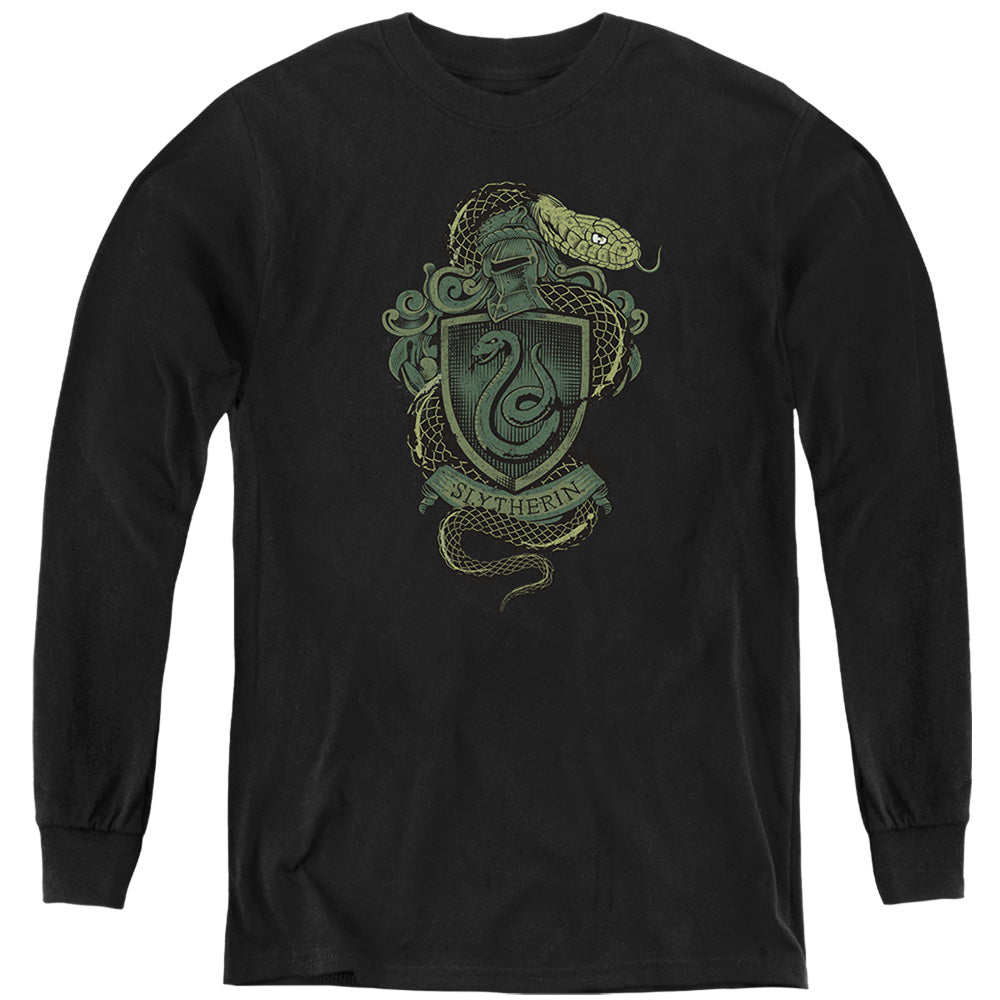 AN OFFCIALLY LICENSED HARRY POTTER SLYTHERIN SNAKE CREST YOUTH LONG SLEEVE T-SHIRT BLACK