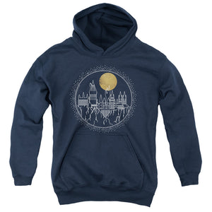 AN OFFCIALLY LICENSED HARRY POTTER HOGWARTS FULL MOON LINE ART YOUTH HOODIE NAVY