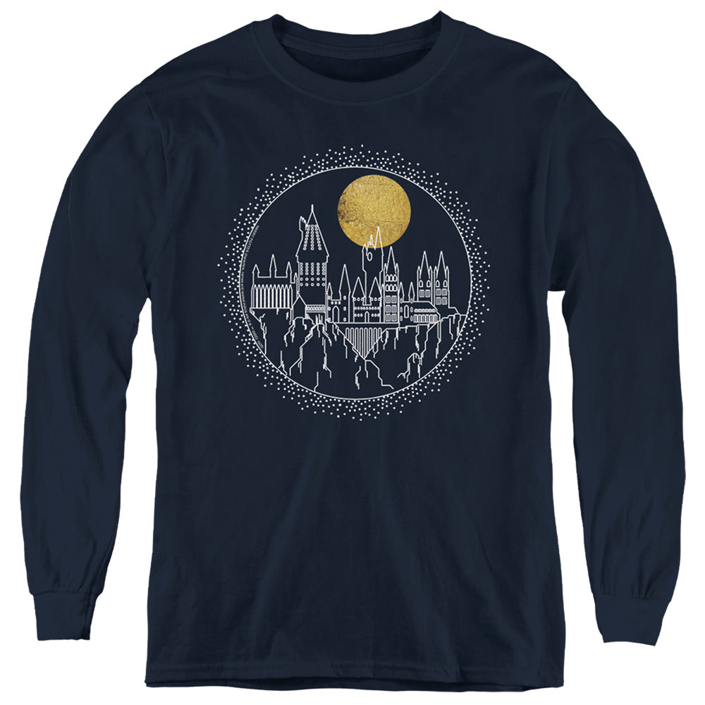 AN OFFCIALLY LICENSED HARRY POTTER HOGWARTS FULL MOON LINE ART YOUTH LONG SLEEVE T-SHIRT NAVY