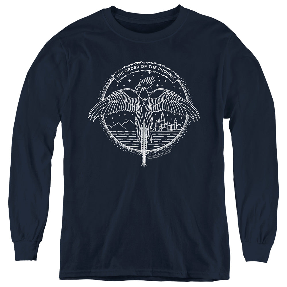 AN OFFCIALLY LICENSED HARRY POTTER THE ORDER OF THE PHOENIX CIRCLE LINE ART YOUTH LONG SLEEVE T-SHIRT NAVY
