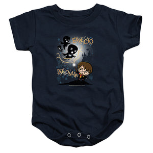 AN OFFCIALLY LICENSED HARRY POTTER EXPECTO PATRONUM CHIBI POTTER BABY BODYSUIT NAVY