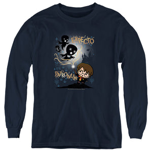 AN OFFCIALLY LICENSED HARRY POTTER EXPECTO PATRONUM CHIBI POTTER YOUTH LONG SLEEVE T-SHIRT NAVY