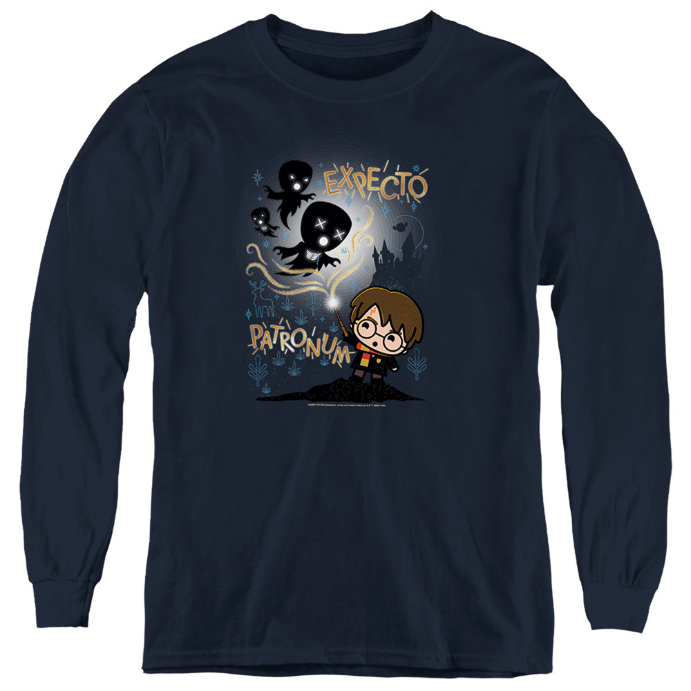 AN OFFCIALLY LICENSED HARRY POTTER EXPECTO PATRONUM CHIBI POTTER YOUTH LONG SLEEVE T-SHIRT NAVY