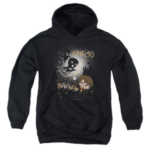AN OFFCIALLY LICENSED HARRY POTTER EXPECTO PATRONUM CHIBI POTTER TOO YOUTH HOODIE BLACK