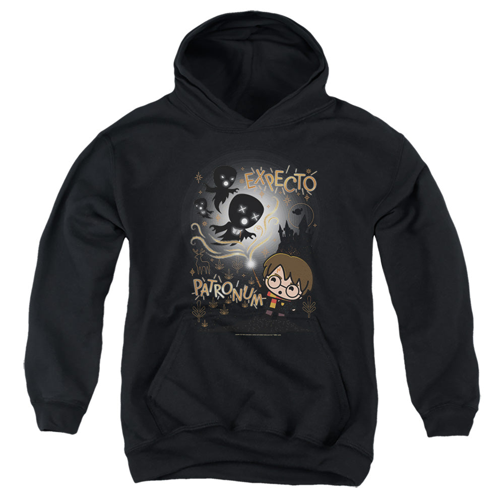 AN OFFCIALLY LICENSED HARRY POTTER EXPECTO PATRONUM CHIBI POTTER TOO YOUTH HOODIE BLACK