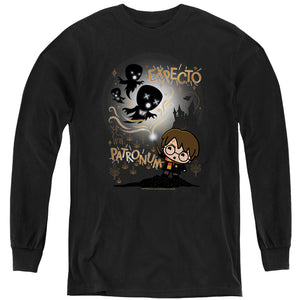 AN OFFCIALLY LICENSED HARRY POTTER EXPECTO PATRONUM CHIBI POTTER TOO YOUTH LONG SLEEVE T-SHIRT BLACK