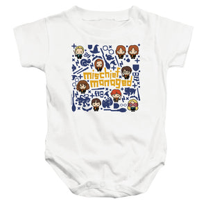 AN OFFCIALLY LICENSED HARRY POTTER MISCHIEF MANAGED CHIBIS BABY BODYSUIT WHITE