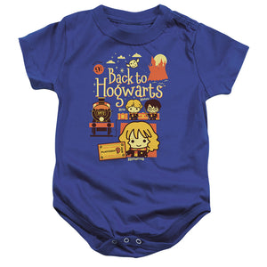 AN OFFCIALLY LICENSED HARRY POTTER BACK TO HOGWARTS PLATFORM 9 3/4 CHIBIS BABY BODYSUIT ROYAL