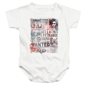 AN OFFCIALLY LICENSED HARRY POTTER DEATH EATERS MOST WANTED NEWS CLIPPINGS BABY BODYSUIT WHITE