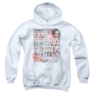 AN OFFCIALLY LICENSED HARRY POTTER DEATH EATERS MOST WANTED NEWS CLIPPINGS YOUTH HOODIE WHITE