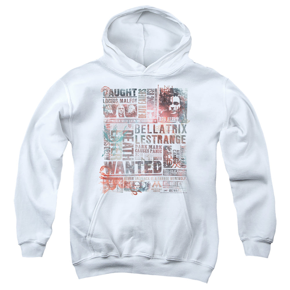 AN OFFCIALLY LICENSED HARRY POTTER DEATH EATERS MOST WANTED NEWS CLIPPINGS YOUTH HOODIE WHITE