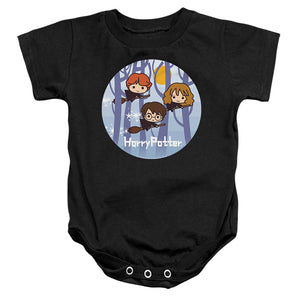 AN OFFCIALLY LICENSED HARRY POTTER CHIBI TRIO FLYING ON BROOMSTICKS BABY BODYSUIT BLACK