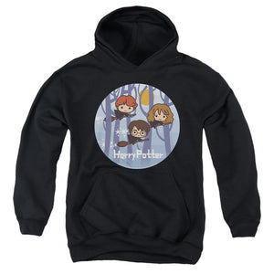 AN OFFCIALLY LICENSED HARRY POTTER CHIBI TRIO FLYING ON BROOMSTICKS YOUTH HOODIE BLACK