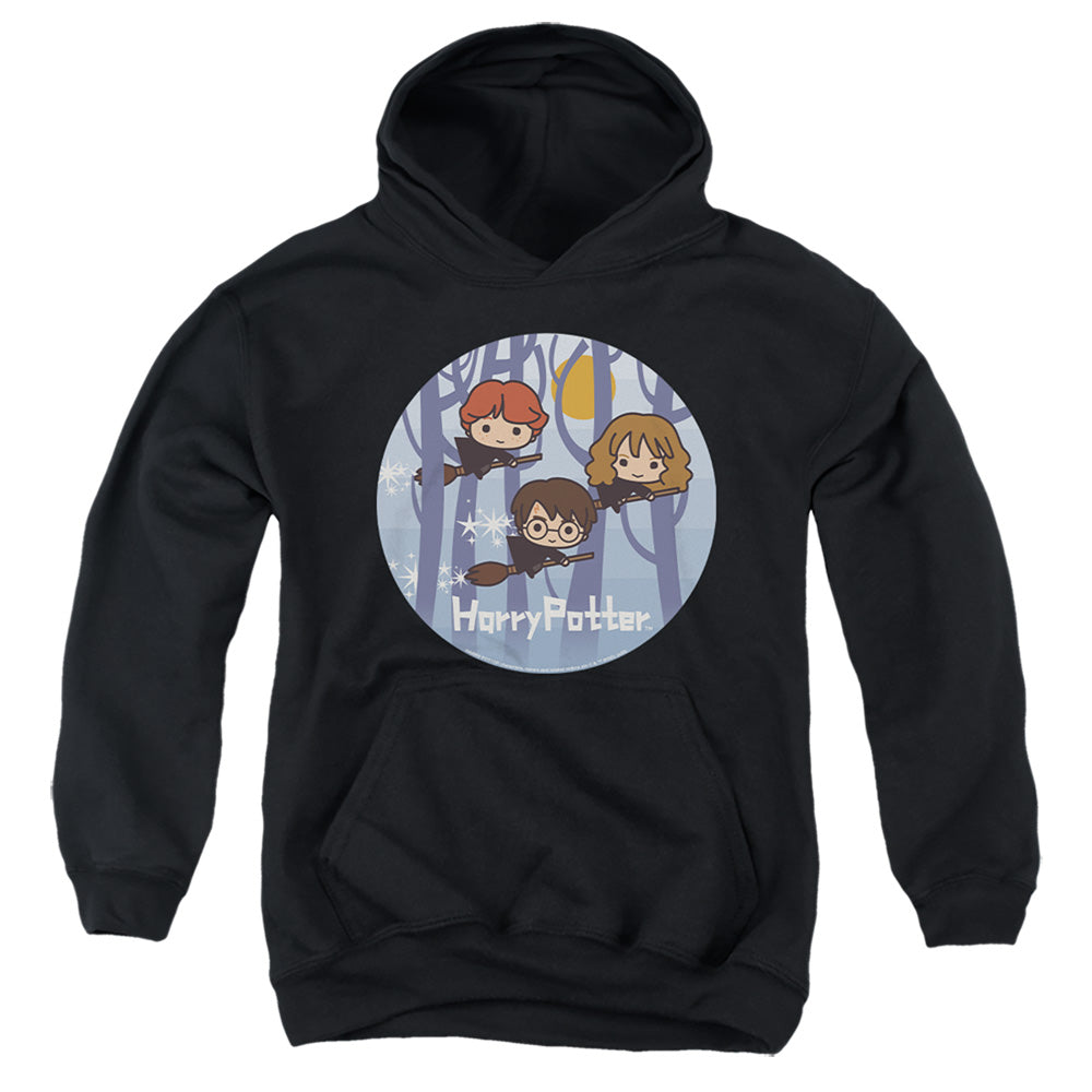 AN OFFCIALLY LICENSED HARRY POTTER CHIBI TRIO FLYING ON BROOMSTICKS YOUTH HOODIE BLACK