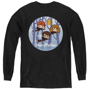 AN OFFCIALLY LICENSED HARRY POTTER CHIBI TRIO FLYING ON BROOMSTICKS YOUTH LONG SLEEVE T-SHIRT BLACK