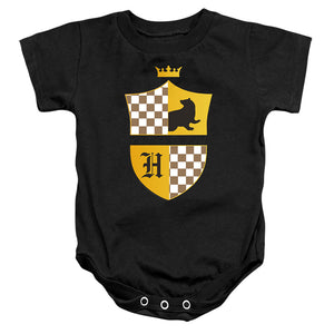 AN OFFCIALLY LICENSED HARRY POTTER HUFFLEPUFF CHECKERED SHIELD CREST BABY BODYSUIT BLACK