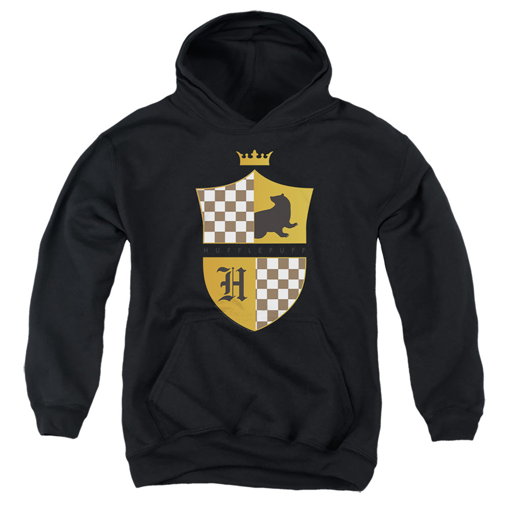 AN OFFCIALLY LICENSED HARRY POTTER HUFFLEPUFF CHECKERED SHIELD CREST YOUTH HOODIE BLACK