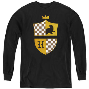 AN OFFCIALLY LICENSED HARRY POTTER HUFFLEPUFF CHECKERED SHIELD CREST YOUTH LONG SLEEVE T-SHIRT BLACK