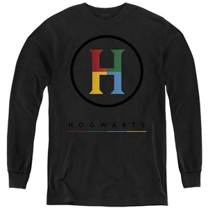 AN OFFCIALLY LICENSED HARRY POTTER HOGWARTS FOUR COLORED 'H' LOGO YOUTH LONG SLEEVE T-SHIRT BLACK