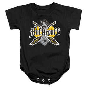 AN OFFCIALLY LICENSED HARRY POTTER HUFFLEPUFF BROOMSTICK BADGER LOGO BABY BODYSUIT BLACK