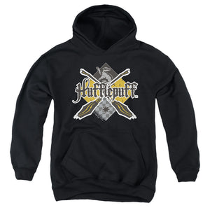 AN OFFCIALLY LICENSED HARRY POTTER HUFFLEPUFF BROOMSTICK BADGER LOGO YOUTH HOODIE BLACK