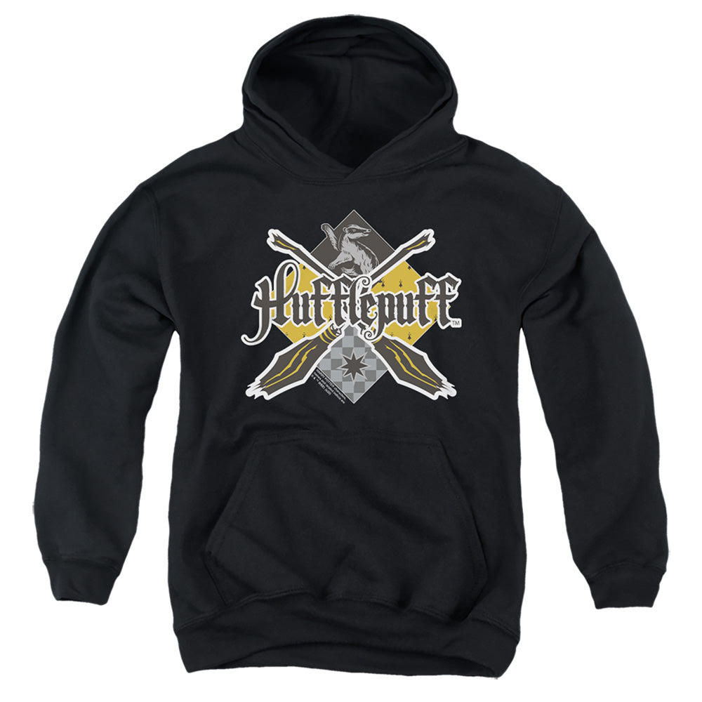 AN OFFCIALLY LICENSED HARRY POTTER HUFFLEPUFF BROOMSTICK BADGER LOGO YOUTH HOODIE BLACK