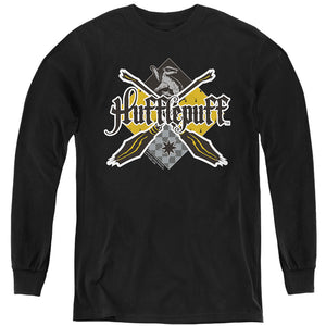 AN OFFCIALLY LICENSED HARRY POTTER HUFFLEPUFF BROOMSTICK BADGER LOGO YOUTH LONG SLEEVE T-SHIRT BLACK