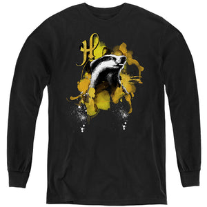 AN OFFCIALLY LICENSED HARRY POTTER URBAN ELEGANCE HUFFLEPUFF BADGER YOUTH LONG SLEEVE T-SHIRT BLACK