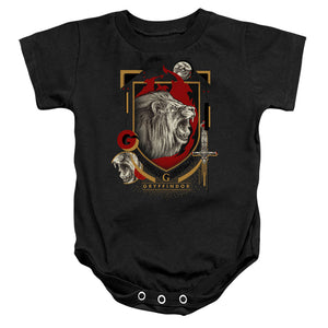 AN OFFCIALLY LICENSED HARRY POTTER GRYFFINDOR MAGICIAL MISCHIEF LEVEL UP CREST BABY BODYSUIT BLACK