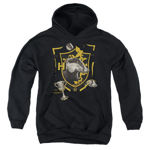 AN OFFCIALLY LICENSED HARRY POTTER HUFFLEPUFF MAGICIAL MISCHIEF LEVEL UP CREST YOUTH HOODIE BLACK