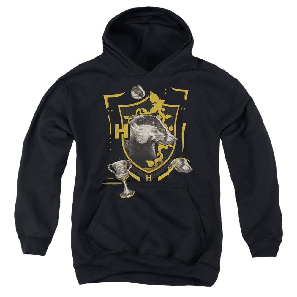 AN OFFCIALLY LICENSED HARRY POTTER HUFFLEPUFF MAGICIAL MISCHIEF LEVEL UP CREST YOUTH HOODIE BLACK