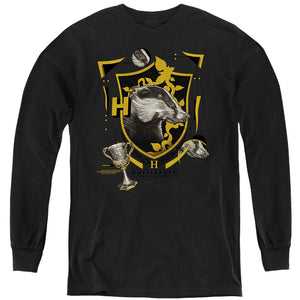 AN OFFCIALLY LICENSED HARRY POTTER HUFFLEPUFF MAGICIAL MISCHIEF LEVEL UP CREST YOUTH LONG SLEEVE T-SHIRT BLACK