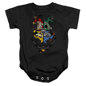 AN OFFCIALLY LICENSED HARRY POTTER HOGWARTS MAGICIAL MISCHIEF LEVEL UP CREST BABY BODYSUIT BLACK