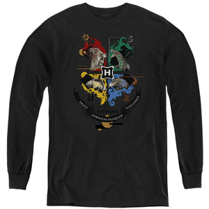 AN OFFCIALLY LICENSED HARRY POTTER HOGWARTS MAGICIAL MISCHIEF LEVEL UP CREST YOUTH LONG SLEEVE T-SHIRT BLACK