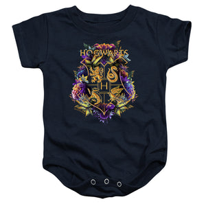 AN OFFCIALLY LICENSED HARRY POTTER HOGWARTS FLORAL CREST BABY BODYSUIT NAVY