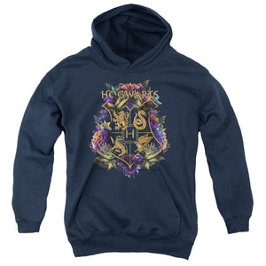 AN OFFCIALLY LICENSED HARRY POTTER HOGWARTS FLORAL CREST YOUTH HOODIE NAVY